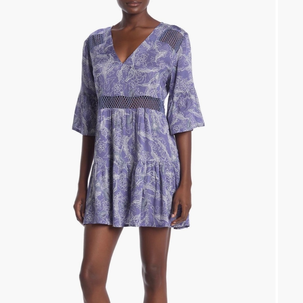 BOHO ME Blue Vine Printed Lace Inset Bell Sleeve Mini Dress